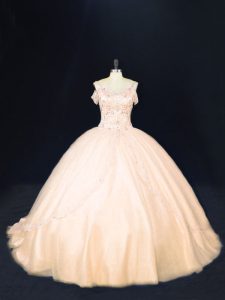 Zipper Quince Ball Gowns Peach for Sweet 16 and Quinceanera with Beading Court Train