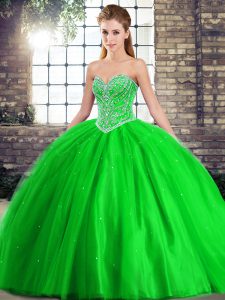 Lace Up Quinceanera Dress Green for Military Ball and Sweet 16 and Quinceanera with Beading Brush Train