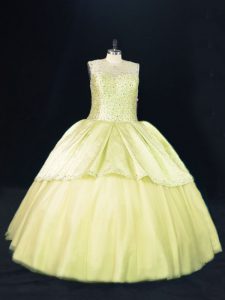 Stunning Scoop Sleeveless Lace Up Ball Gown Prom Dress Yellow Green Tulle