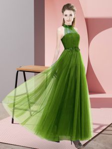 Fine Olive Green Tulle Lace Up Wedding Guest Dresses Sleeveless Floor Length Beading and Appliques