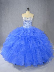 Blue Ball Gowns Sweetheart Sleeveless Organza Floor Length Lace Up Beading and Ruffles Quince Ball Gowns