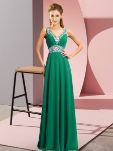 Dark Green Lace Up V-neck Beading Prom Party Dress Chiffon Sleeveless