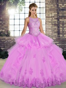 Lilac Ball Gowns Scoop Sleeveless Tulle Floor Length Lace Up Lace and Embroidery and Ruffles Quinceanera Dresses