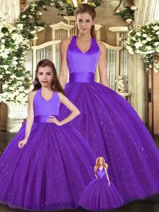 Purple Ball Gowns Halter Top Sleeveless Tulle Floor Length Lace Up Ruching 15th Birthday Dress