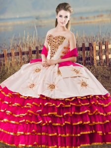 Floor Length Lace Up Quinceanera Dress Fuchsia for Sweet 16 and Quinceanera with Beading and Ruffled Layers