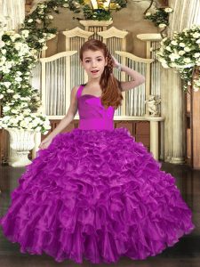 Fuchsia Ball Gowns Straps Sleeveless Organza Floor Length Lace Up Ruffles and Ruching Kids Formal Wear