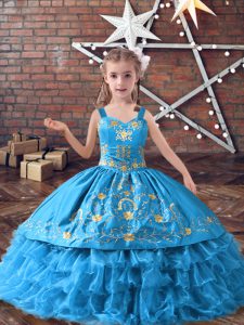 Baby Blue Satin and Organza Lace Up Straps Sleeveless Floor Length Girls Pageant Dresses Embroidery and Ruffled Layers