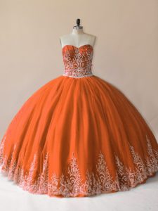 Cheap Orange Ball Gowns Sweetheart Sleeveless Tulle Floor Length Lace Up Embroidery Quinceanera Gown