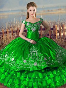 Admirable Floor Length Lace Up Ball Gown Prom Dress Green for Sweet 16 and Quinceanera with Embroidery and Ruffled Layers