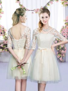 Trendy V-neck Half Sleeves Tulle Dama Dress for Quinceanera Lace and Bowknot Lace Up