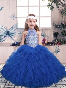 Dramatic Floor Length Blue Little Girl Pageant Gowns High-neck Sleeveless Lace Up