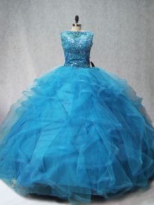 Lovely Aqua Blue Sleeveless Brush Train Beading and Ruffles Quinceanera Gowns