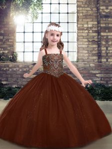 Ball Gowns Pageant Dress for Girls Brown Straps Tulle Sleeveless Floor Length Lace Up
