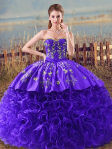 Purple Ball Gown Prom Dress Sweet 16 and Quinceanera with Embroidery and Ruffles Sweetheart Sleeveless Brush Train Lace Up