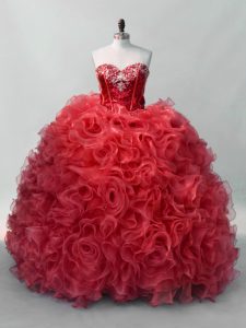 Red Sweetheart Lace Up Sequins Quinceanera Dress Sleeveless