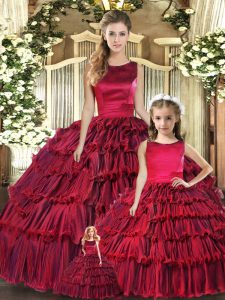Wine Red Organza Lace Up Scoop Sleeveless Floor Length Ball Gown Prom Dress Ruffled Layers