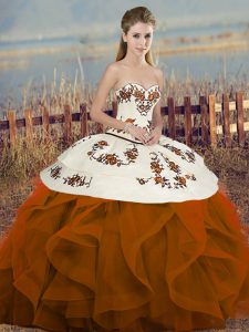 Best Rust Red Sweetheart Lace Up Embroidery and Ruffles and Bowknot Quinceanera Dress Sleeveless