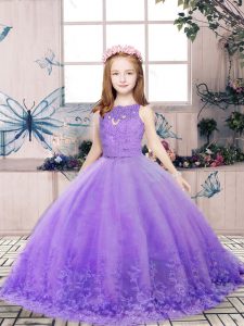 Glorious Lavender Tulle Backless Scoop Sleeveless Floor Length Little Girl Pageant Gowns Lace and Appliques