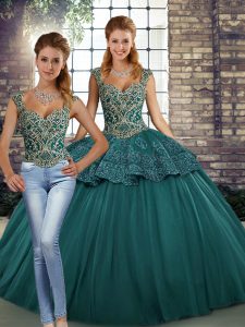 Fantastic Two Pieces Sweet 16 Dresses Green Straps Tulle Sleeveless Floor Length Lace Up