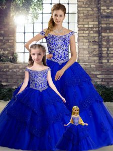 Lace Up Sweet 16 Dresses Royal Blue for Military Ball and Sweet 16 and Quinceanera with Beading and Lace Brush Train