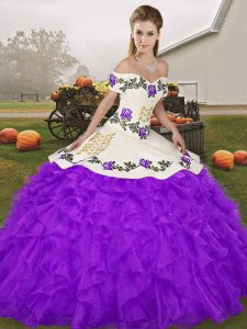 Free and Easy Purple Organza Lace Up 15th Birthday Dress Sleeveless Floor Length Embroidery and Ruffles
