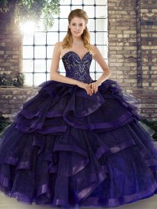 Extravagant Purple Tulle Lace Up Ball Gown Prom Dress Sleeveless Floor Length Beading and Ruffles