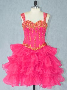 Charming Halter Top Sleeveless Celebrity Dresses Mini Length Beading and Ruffled Layers Hot Pink Organza