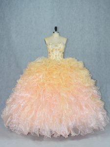 Excellent Sleeveless Floor Length Beading and Ruffles Lace Up Quince Ball Gowns with Multi-color