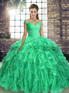 Extravagant Sleeveless Brush Train Beading and Ruffles Lace Up Ball Gown Prom Dress