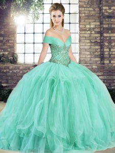 Apple Green Ball Gowns Beading and Ruffles Vestidos de Quinceanera Lace Up Tulle Sleeveless Floor Length
