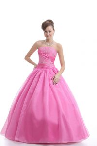 Rose Pink Lace Up Strapless Embroidery Quinceanera Dress Organza Sleeveless