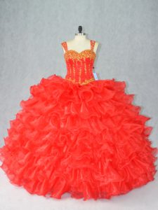 Sophisticated Red Ball Gowns Beading and Ruffles Sweet 16 Quinceanera Dress Lace Up Organza Sleeveless Floor Length