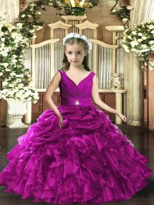 V-neck Sleeveless Little Girls Pageant Dress Wholesale Floor Length Beading and Ruffles and Ruching Purple Organza