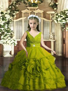 Olive Green Ball Gowns Beading Kids Pageant Dress Backless Organza Sleeveless Floor Length