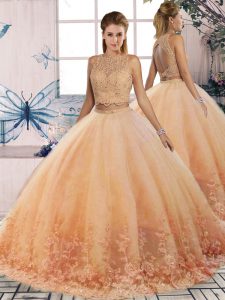 Peach Sleeveless Sweep Train Lace Sweet 16 Quinceanera Dress