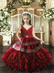 Red Backless V-neck Sleeveless Floor Length Glitz Pageant Dress Beading and Appliques and Ruffles