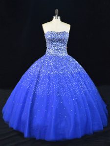 Deluxe Royal Blue Strapless Neckline Beading Sweet 16 Dress Sleeveless Lace Up