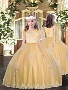 Cute Tulle Scoop Sleeveless Zipper Appliques Little Girls Pageant Gowns in Gold