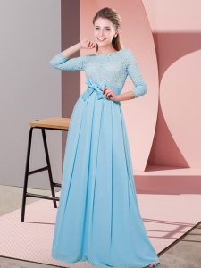 Attractive Floor Length Side Zipper Dama Dress Baby Blue for Wedding Party with Lace and Belt