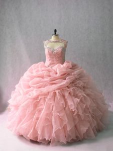 Modern Sleeveless Brush Train Lace Up Beading and Ruffles and Pick Ups 15 Quinceanera Dress