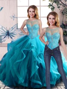 Aqua Blue Two Pieces Scoop Sleeveless Tulle Floor Length Lace Up Beading and Ruffles Sweet 16 Dress