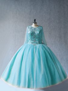 Aqua Blue Tulle Lace Up Scoop Long Sleeves Floor Length Quinceanera Gown Beading