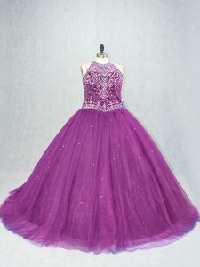 Attractive Purple Tulle Lace Up Scoop Sleeveless Sweet 16 Dress Beading