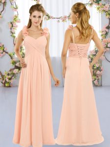 Vintage Peach Lace Up Wedding Guest Dresses Hand Made Flower Sleeveless Floor Length