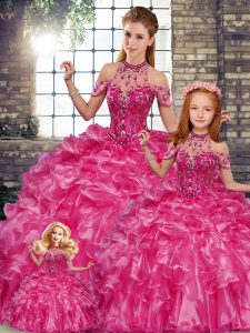 Unique Fuchsia Sleeveless Organza Lace Up 15th Birthday Dress for Military Ball and Sweet 16 and Quinceanera