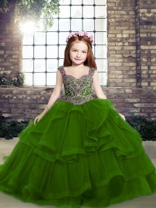 Graceful Green Sleeveless Floor Length Beading and Ruffles Lace Up Child Pageant Dress