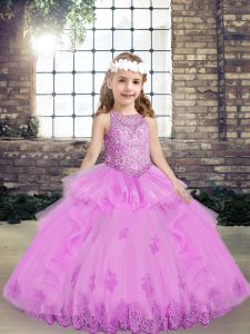 Fancy Lace and Appliques Kids Pageant Dress Lilac Lace Up Sleeveless Floor Length