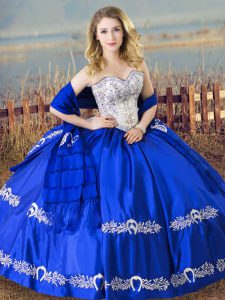 Royal Blue Satin Lace Up 15th Birthday Dress Sleeveless Floor Length Beading and Embroidery