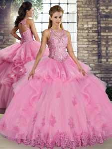 Designer Rose Pink Tulle Lace Up Quinceanera Gown Sleeveless Floor Length Lace and Embroidery and Ruffles