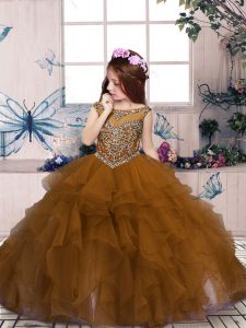Sweet Scoop Sleeveless Little Girls Pageant Dress Wholesale Floor Length Beading and Ruffles Brown Organza